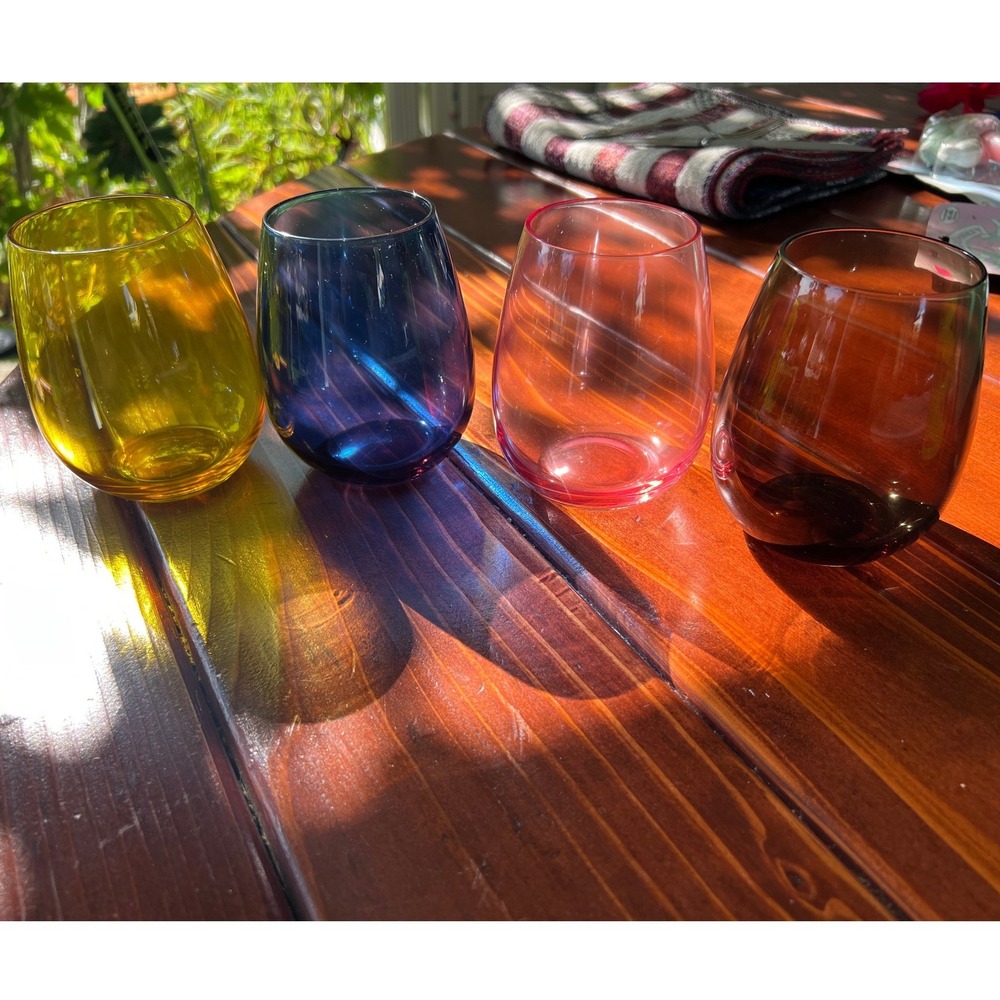 Multicolor Stemless Wine Glass‎ Set Jewel Tones Colored Glassware Aorotoe